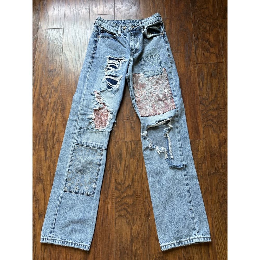 Kancan straight leg patchwork distressed 100% cotton denim blue jeans junior's 1